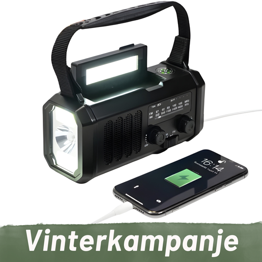 Nødradio - 10 000 mAh powerbank, lampe og sveivgenerator